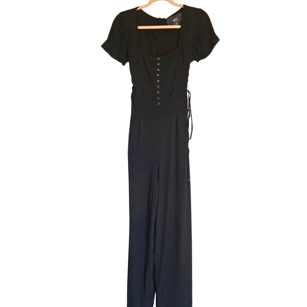 Maeve Anthropologie Black Square‎ Neck Button Front Wide Leg Jumpsuit Size 4